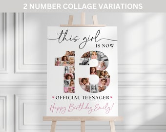 13th Birthday Photo Collage Poster TEMPLATE, This Girl is 13 Official Teenager, Birthday Welcome Sign, Number 13 Collage, Party Decor Ideas