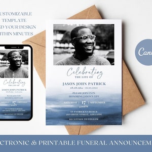 Blue Electronic Funeral Announcement TEMPLATE, Watercolor Ocean Celebration of Life Text Invitation, Digital Memorial Printable for Men image 1