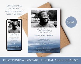 Blue Electronic Funeral Announcement TEMPLATE, Watercolor Ocean Celebration of Life Text Invitation, Digital Memorial Printable for Men
