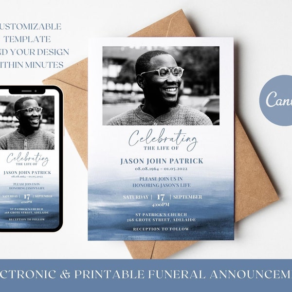 Blue Electronic Funeral Announcement TEMPLATE, Watercolor Ocean Celebration of Life Text Invitation, Digital Memorial Printable for Men