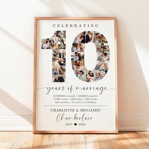 10th Wedding Anniversary Photo Collage TEMPLATE, 10 Years of Marriage Printable Gift Idea, Photo Collage Poster, Gift for Husband or Wife image 2
