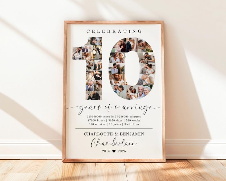 10th Wedding Anniversary Photo Collage TEMPLATE, 10 Years of Marriage Printable Gift Idea, Photo Collage Poster, Gift for Husband or Wife image 2