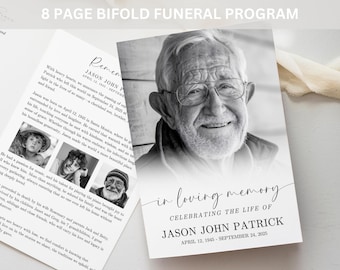 Puede incluir: Programa de funeral en blanco y negro con una foto de un hombre con gafas sonriendo. El programa se titula "En memoria cariñosa" y celebra la vida de Jason John Patrick, 12 de abril de 1945 - 24 de septiembre de 2025.