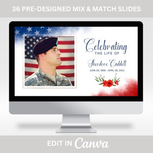 Może przedstawiać: Szablon cyfrowej prezentacji slajdów na uroczystość pogrzebową. Szablon zawiera zdjęcie mężczyzny w mundurze wojskowym na tle flagi amerykańskiej. Tekst "Celebrating the Life of Theodore Caddell June 06, 1988 - April 08, 2022" jest wyświetlany w kolorze niebieskim i białym na czerwono-biało-niebieskim tle akwarelowym.