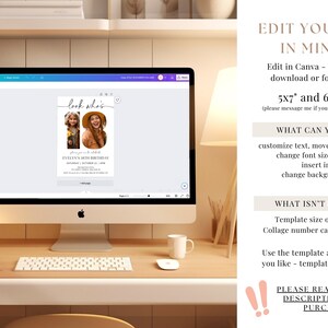 Puede incluir: Una pantalla de ordenador que muestra una plantilla de invitaci&oacute;n de cumplea&ntilde;os en Canva. La plantilla presenta un collage de fotos con el texto "look who's" y "Evelyn's 18th Birthday". El texto "Edit your card in minutes" se muestra en el lado derecho de la imagen.