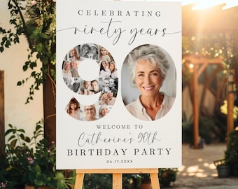May include: A white sign on an easel, celebrating a 90th birthday. The sign features the words "Celebrating ninety years" and "Welcome to Catherine's 90th Birthday Party." The number 90 is filled with photos, and a portrait of a woman is on the right.