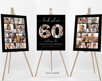Black 60th Birthday Photo Collage Poster Bundle TEMPLATE, Look who's 60, Customizable Collage Board, Sixty Sixtieth Photo Montage Display