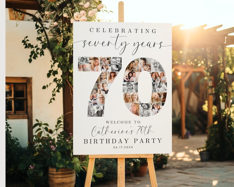 K&ouml;nnte beinhalten: Ein wei&szlig;es Willkommens-Schild mit einer Fotocollage einer 70 in Schwarzwei&szlig;. Das Schild lautet "Celebrating seventy years" und "Welcome to Catherine's 70th Birthday Party 04.17.20XX".
