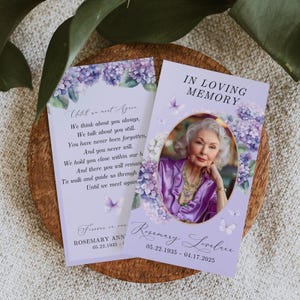Purple Floral Memorial Card Template, Funeral Favors, Printable Prayer Card, Wallet Obituary Card, Celebration of Life, Memory Card, F1