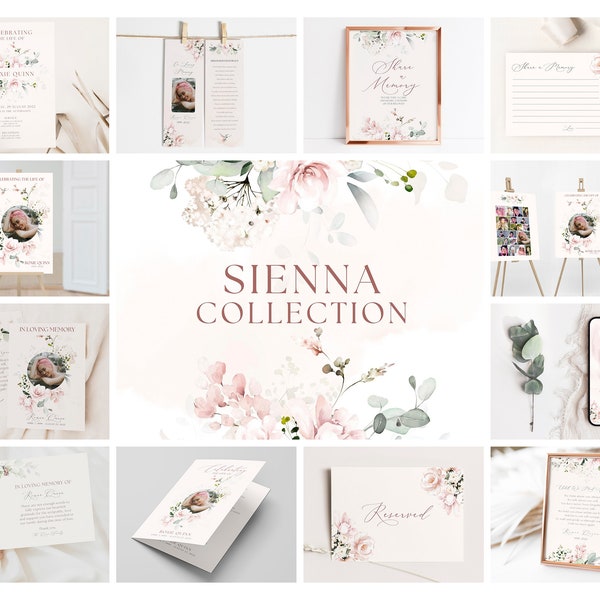 Pink Rose Funeral Template Collection, Funeral Stationery Set, Memorial Template Bundle, Celebration of Life Funeral Set, Female memorial