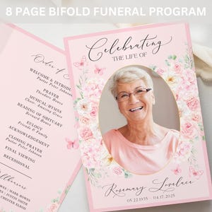 8 Page Bifold Funeral Program TEMPLATE, Pink Roses with Butterflies, Celebration of Life Order of Service, Memorial Program Obituary, F4
