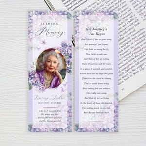 Purple Floral Memorial Bookmark TEMPLATE, Celebration of Life Funeral Bookmark, Hydrangea Butterfly Book Marker, Funeral Keepsake Favors, F1