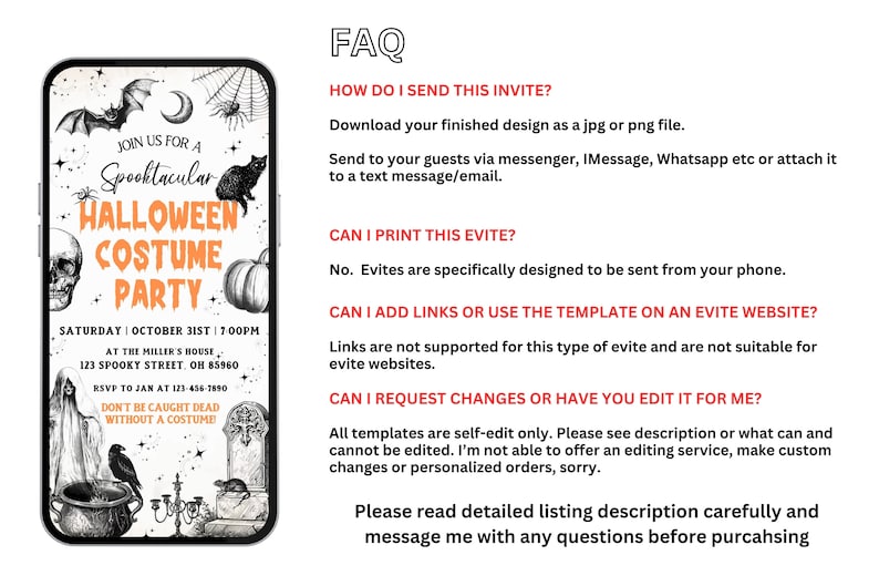 May include: A digital Halloween party invitation displayed on a smartphone. The design features spooky illustrations of bats, a skull, a black cat, and a pumpkin. The text reads "Spooktacular Halloween Costume Party" with event details.