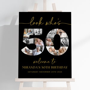 50th Birthday Collage TEMPLATE, Look Who&#39;s 50, Black and Gold, Customizable Photo Collage Board, Montage Display Poster, BG1