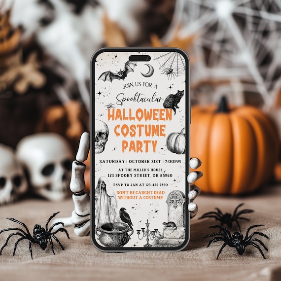 Halloween Party Digital Invitation TEMPLATE, Costume Party Invite, Text Phone Evite, Canva Template