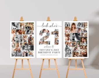 Könnte beinhalten: Drei weiße rechteckige Schilder auf Holzstaffeleien. Das linke und rechte Schild zeigen Fotocollagen. Das mittlere Schild zeigt den Text "look who's 21 welcome to TIFFANY'S 21ST BIRTHDAY PARTY SATURDAY SEPTEMBER 25TH 2025", wobei die Zahl 21 mit Fotos gefüllt ist.