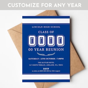 May include: A blue and white invitation for a high school reunion. The text reads "Lincoln High School Class of 0000 00 Year Reunion." Details include the date, time, location, and RSVP information. The words "Customize for Any Year" are at the top.