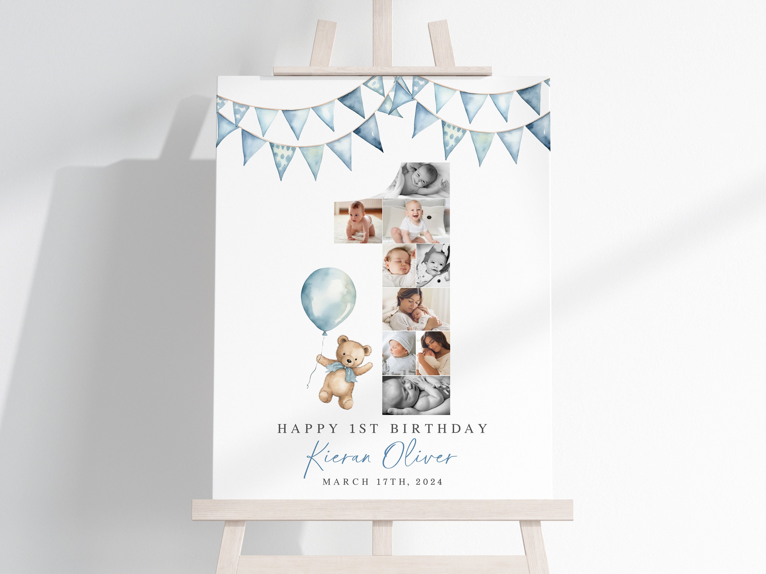 1st Birthday Welcome Poster TEMPLATE, Blue Teddy Bear With Balloon and