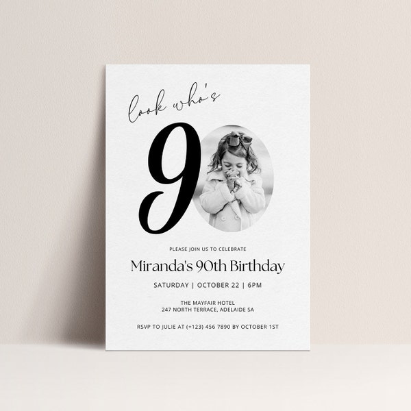 90th Birthday Invitation TEMPLATE, Look Who's 90, Photo Birthday Invite with Photo, Editable Template, Black and White 90th, Male or Female