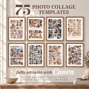 May include: A collection of 75 photo collage templates displayed in eight gold-framed vertical layouts. The designs feature various grid arrangements for displaying multiple images, including text elements like "HAPPY 30TH BIRTHDAY ALICE," "AMELIA'S FIRST YEAR," and "EUROPE 2026."