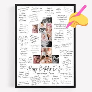 Puede incluir: Una impresión enmarcada en negro con un collage de fotos de bebé. Las palabras "Happy Birthday Emily!" se muestran, junto con la fecha "SEPTEMBER 17 2025." Mensajes manuscritos y buenos deseos rodean las fotos.
