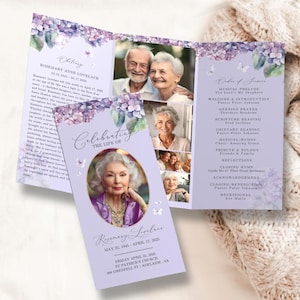 Tri-fold Funeral Program TEMPLATE, Purple Flowers with Butterflies, Celebration of Life Order of Service, Memorial Program Obituary, F1