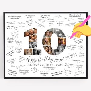 10th Birthday Photo Collage Poster TEMPLATE with room for messages, Customizable Photo Collage Board Ten, Signature Birthday Sign