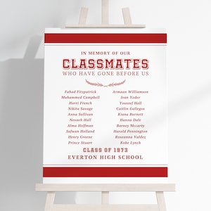 Class Reunion Memorial Sign TEMPLATE to Honor Deceased Classmates, School Reunion Display Poster, Red and White, Remembrance Board