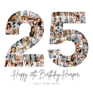 25th Birthday Photo Collage TEMPLATE, 25th Birthday Gift, Customizable Birthday Welcome Sign, Number Twenty Five Poster, Party Decor, BC1