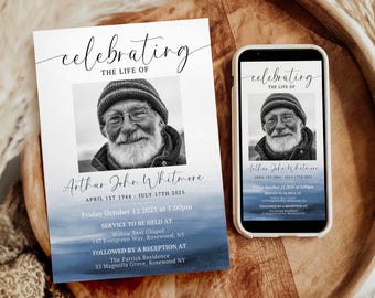 May include: A memorial card and a smartphone displaying a similar design. The card and phone screen feature a black and white photo of a man, with text that reads "Celebrating the Life of Arthur John Whitmore". The design includes a watercolor-style blue gradient.