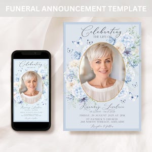 Blue Floral Celebration of Life Phone Invitation TEMPLATE, Digital Electronic Funeral Announcement Evite, Printable Funeral Invite, F3
