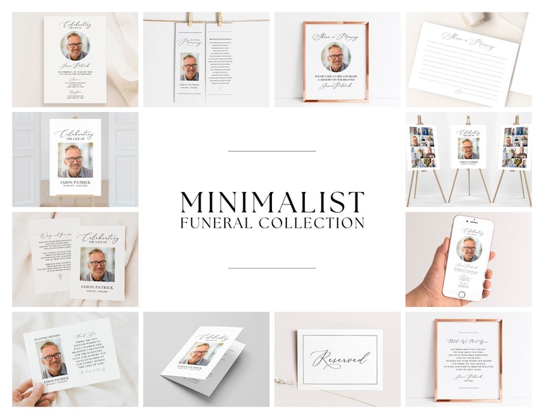 May include: A collection of minimalist funeral templates featuring a photo of a man in a suit. The templates include a funeral program, a memorial card, a sign, and a phone screen. The text on the templates reads "Celebrating the Life of" and "In Loving Memory".