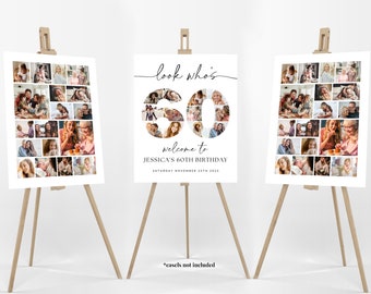 60th Birthday Photo Collage Poster Bundle TEMPLATE, Look who&#39;s 60, Customizable Photo Collage Board, Sixty Sixtieth Photo Montage Display