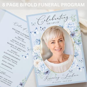 8 Page Bifold Funeral Program TEMPLATE, Blue Flowers with Butterflies, Celebration of Life Order of Service, Memorial Program Obituary, F3