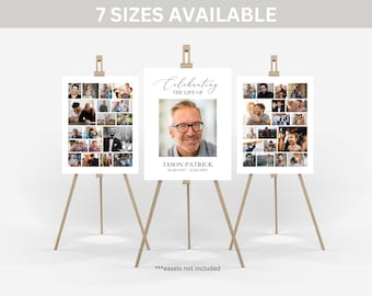 Funeral Photo Collage Poster TEMPLATE Set, Celebration of Life Poster, Minimalist Memorial Welcome Sign for Man or Woman