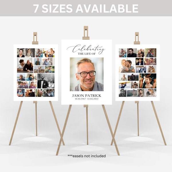 Funeral Photo Collage Poster TEMPLATE Set, Celebration of Life Poster, Minimalist Memorial Welcome Sign for Man or Woman
