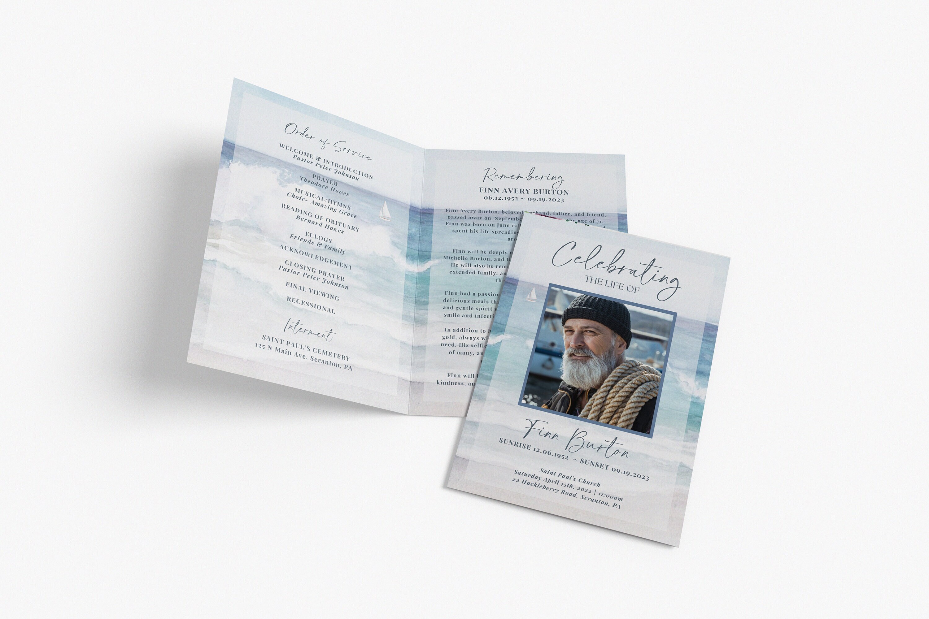 Funeral Program TEMPLATE for Fisherman, 4 Page Bifold Obituary, Funeral Order of Service ocean theme, Celebration of Life Memorial 4 Page
