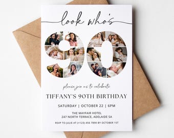 90th Birthday Invitation TEMPLATE with photo collage, Look Who's 90, Ninetieth Party Stationery, Black and White Minimalist, Modern Invite