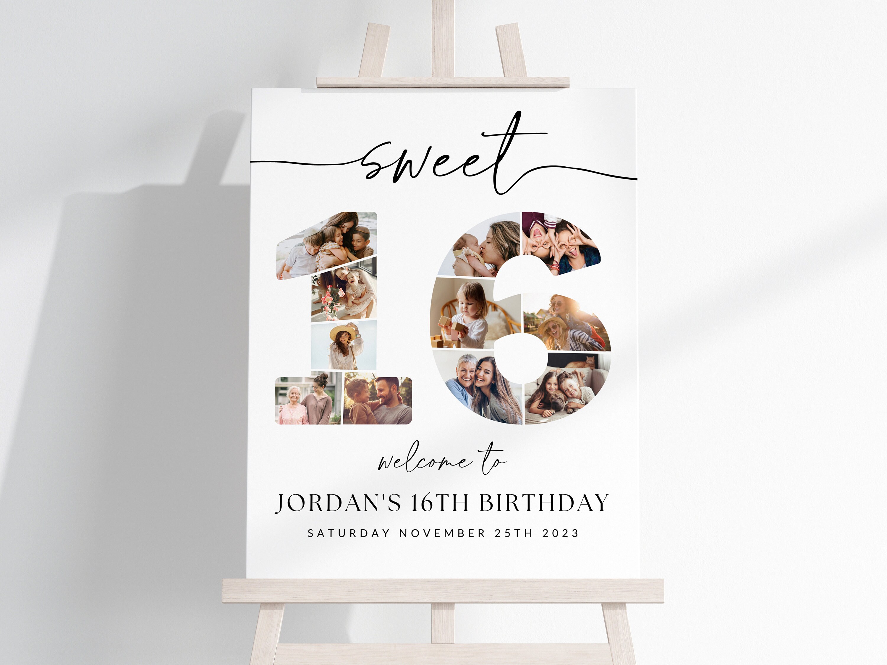 Sweet 16 Birthday Collage Poster TEMPLATE, Sweet 16th Party Decorations, Customizable Photo Collage Board, Photo Montage Display