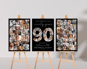 90th Birthday Photo Collage Poster Bundle TEMPLATE Set, Celebrating 90 Years, Party Welcome Sign, Picture Board, Montage Display, C1