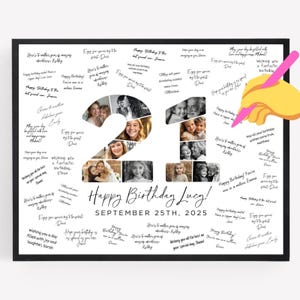 21st Birthday Photo Collage Poster TEMPLATE with room for messages, Customizable Photo Collage Board Twenty One, Signature Birthday Sign