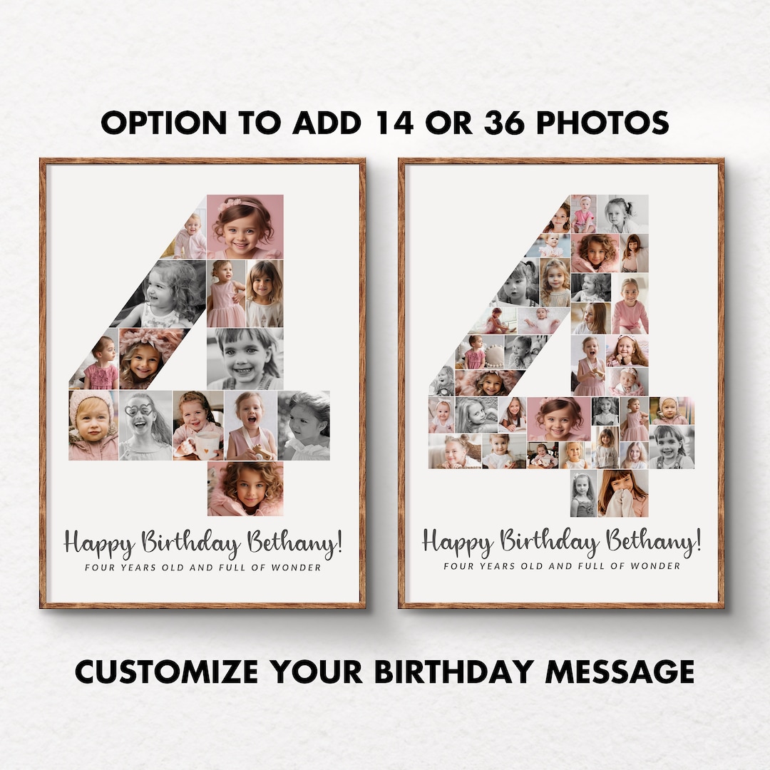 Number 4 Birthday Photo Collage TEMPLATE, Personalized 4th Birthday ...
