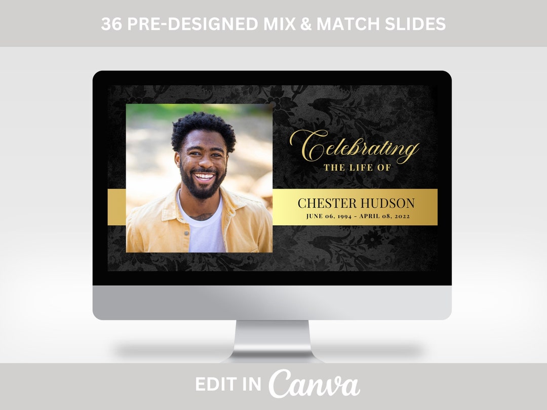 Black and Gold Funeral Slideshow TEMPLATE, Celebration of Life Photo Slideshow, Memorial Video