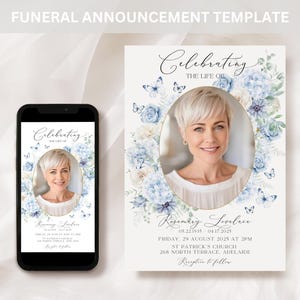 Blue Floral Celebration of Life Phone Invitation TEMPLATE, Digital Electronic Funeral Announcement Evite, Printable Funeral Invite, F2
