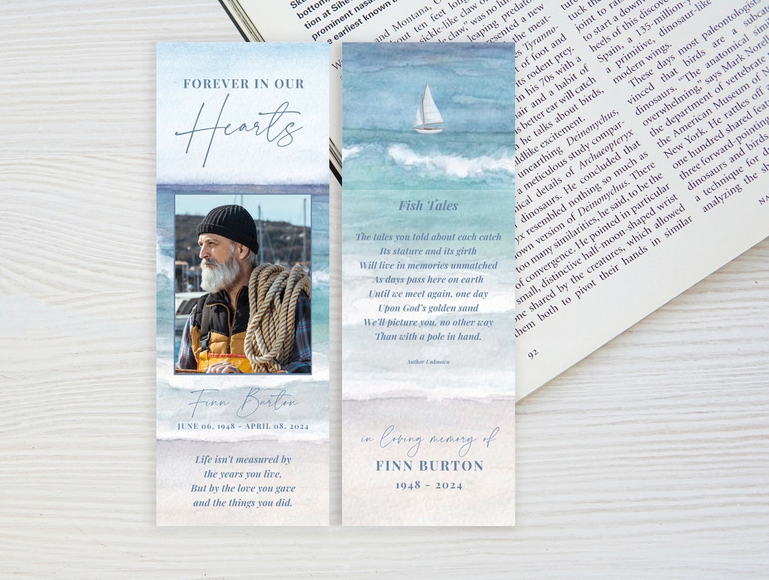 Funeral Bookmark TEMPLATE for Fisherman, Celebration of Life Memorial ...