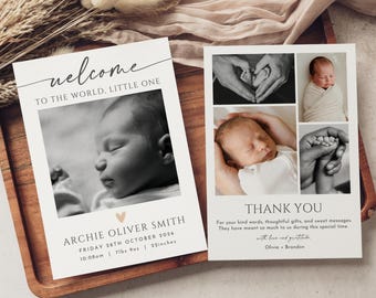 Birth Announcement Card Template with Photo, Neutral Newborn Baby Announcement Card, Birth Introduction Thank You, Editable Canva Template