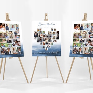 Blue Watercolor Heart Collage Template SET, Funeral Photo Collage Bundle for Man, Celebration of Life Easel Display Memorial Poster