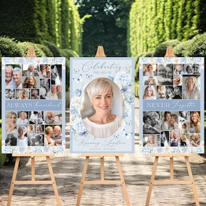 May include: Three memorial photo collage posters with blue and white floral designs. The centre poster reads "Celebrating the Life of" with a photo of a woman and the name "Kimberly Lancaster". The left poster reads "Always Remembered" and the right poster reads "Never Forgotten".