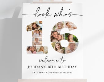 16th Birthday Photo Collage TEMPLATE, Look Who's 16, Customizable Photo Collage Board, Photo Montage Display Poster, Digital Download DIY