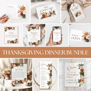 Op de afbeelding: Een printbare Thanksgiving-dinerbundel met een rustiek herfstthema. De bundel bevat een welkomstbord, een menu, plaatskaarten, een bord voor een gastenboek en een printbare uitnodiging. Het ontwerp bevat herfstkleuren, pompoenen en bloemmotieven.